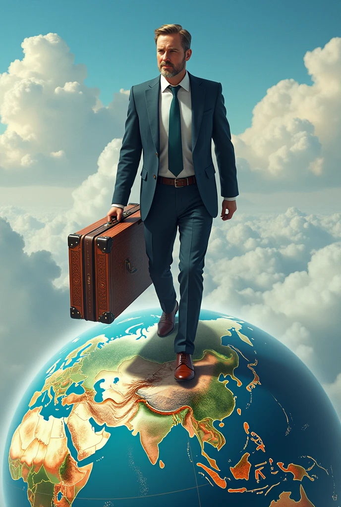 Create a realistic illustration of a salesman with his display in a large suitcase walking above the world