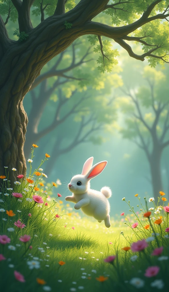 draw a picture of a white rabbit jumping in a meadow in the middle of the forest