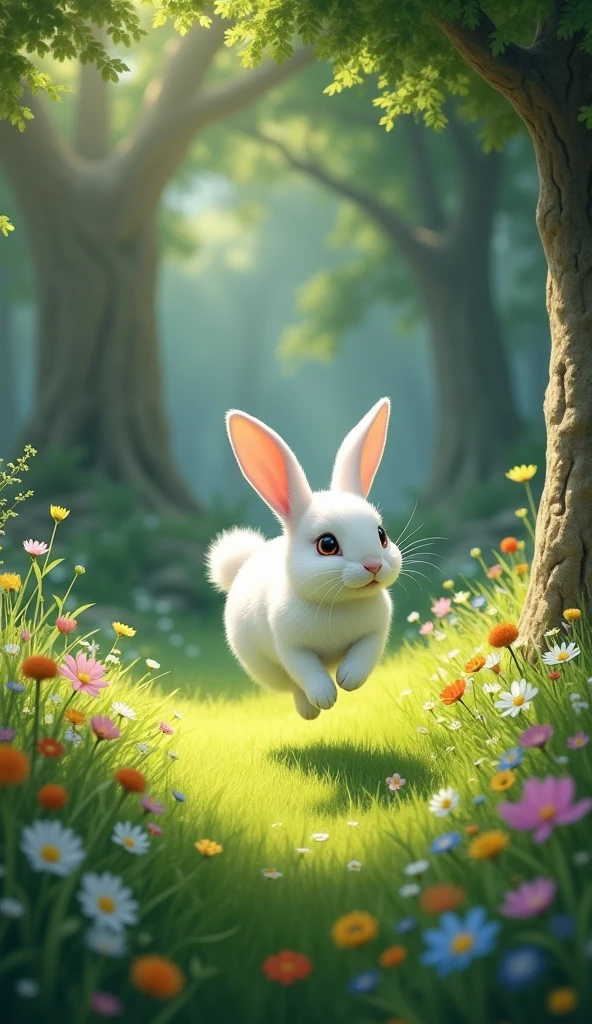 draw a picture of a white rabbit jumping in a meadow in the middle of the forest