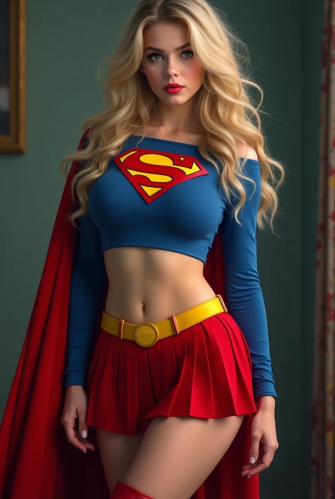 full view of A TEENFEMALE WITH DARK BLUE EYES AND LONG MESSY GOLDEN BLONDE HAIR WEARING A CLASSIC BLUE SUPERMAN LONG SLEEVED CROP TOP COSTUME, A SHORT RED PLEATED SKIRT WITH A YELLOW BELT, RED HIGH HEELED BOOTS, AND RED SUPERMAN CAPE WITH YELLOW TRIM. large breasts, incredibly detailed skin and eyes, seductive poses, 8K resolution, masterpiece, ultra-detailed, realistic, photo-realistic, vivid colors, dramatic lighting,