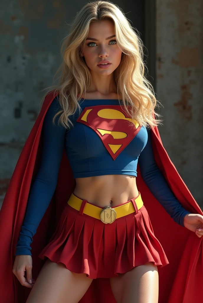 full view of A SEXY TEENAGE FEMALE WITH DARK BLUE EYES AND LONG MESSY GOLDEN BLONDE HAIR WEARING A CLASSIC BLUE SUPERMAN LONG SLEEVED CROP TOP COSTUME, A SHORT RED PLEATED SKIRT WITH A YELLOW BELT, RED HIGH HEELED BOOTS, AND RED SUPERMAN CAPE WITH YELLOW TRIM. large breasts, incredibly detailed skin and eyes, seductive poses, 8K resolution, masterpiece, ultra-detailed, realistic, photo-realistic, vivid colors, dramatic lighting,