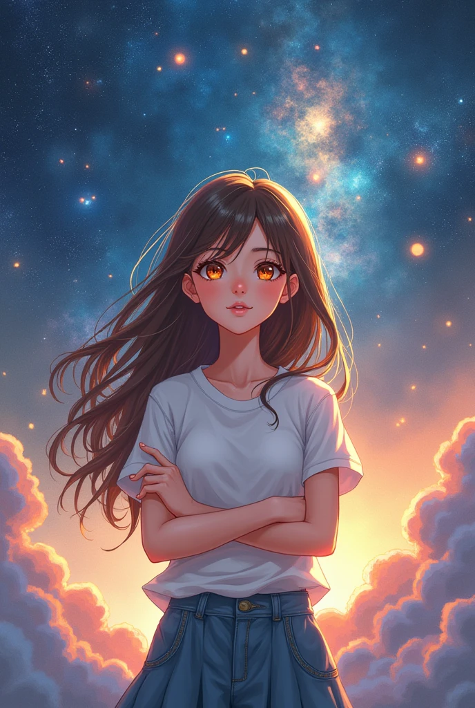 girl, brown hair, orange eyes, arms crossed, in the middle of the cosmos, ((anime style)), white shirt, soft colors, colorful background, cosmic background, soft strokes