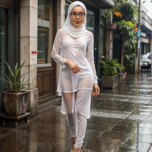 Young beautiful sweet sundanese Bogor city girl, 2, slim body, georgeus face, no underwear, wearing  wet white thin hijab, all her  hairs covered under her hijab,  wearing wet white thin see through very transparent buttoned dress, wearing wet white thin strict see through very  transparent gamis, standing lean to the wall,  shivering very  limp as being having sex  in the hard  rain on the Bogor city street side walk,  rain drop visible, water flowing down through all the thing, dense hairy very wet vagina exposed visible through her trousers, enjoying being having sex orgasm redish face, open wide mouth, head being limp backwards, being take a deep breath hardly through her mouth, half closed eyes, her eyeballs turn upwards, one of her touching her crotch, realistic normal fingers, wearing wet glasses, wearing expencive high heels,  carrying a expencive hand bag,