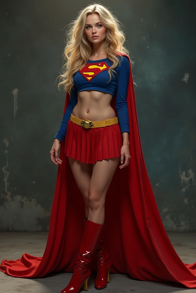 full view of A SEXY AGE FEMALE WITH DARK BLUE EYES AND LONG MESSY GOLDEN BLONDE HAIR WEARING A CLASSIC BLUE SUPERMAN LONG SLEEVED CROP TOP COSTUME, A SHORT RED PLEATED SKIRT WITH A YELLOW BELT, RED HIGH HEELED BOOTS, AND RED SUPERMAN CAPE WITH YELLOW TRIM. large breasts, incredibly detailed skin and eyes, seductive poses, 8K resolution, masterpiece, ultra-detailed, realistic, photo-realistic, vivid colors, dramatic lighting,
