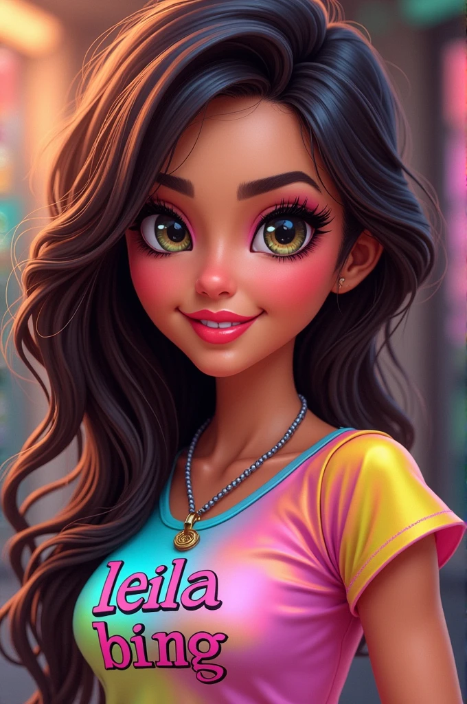 Smiling brunette Bratz wearing a top that says "LEILA BING"