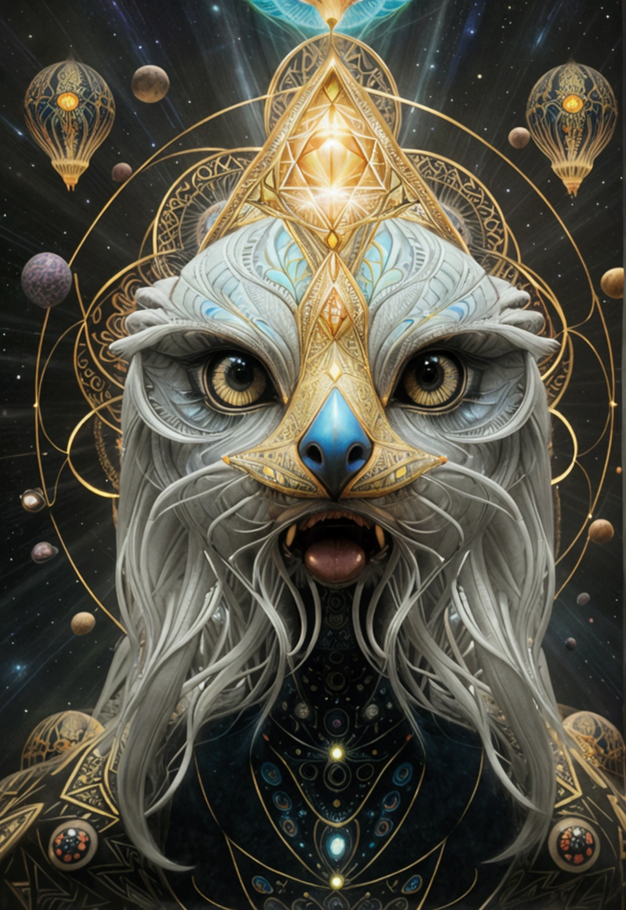 Samuel Farrand like artwork, depicting ancient geometry, intricate and detailed mandala designs, animals and other life forms in a solar or space type of feel and fused along with the lights and darks of space, complex, surreal eagle shaman, black eyes, superimposed images of these 4D physical life forms, lighting effects, higher elevation, space spirit animal, high velocity, sacred spirit being, 3rd eye illuminating