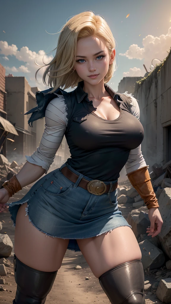 Android 18 da Dragon Ball Z,(best qualityer,4K,8k,high resolution,work of art:1.2)(weather: windy),battle ruins background, black shirt, striped sleeves, denim vest, denim skirt, pantyhose, brown boots, belt,short hair,ultra detailed,realisitic,portraite,beautiful detailed blue eyes,beautiful detailed lips,extremely detailed eye and face, long eyelashes,sexly,average,large breasts,beaming smile,powerful girl in a battle,combat pose,dirty clothes,stunning curves,bright coloured,dramatic lighting,