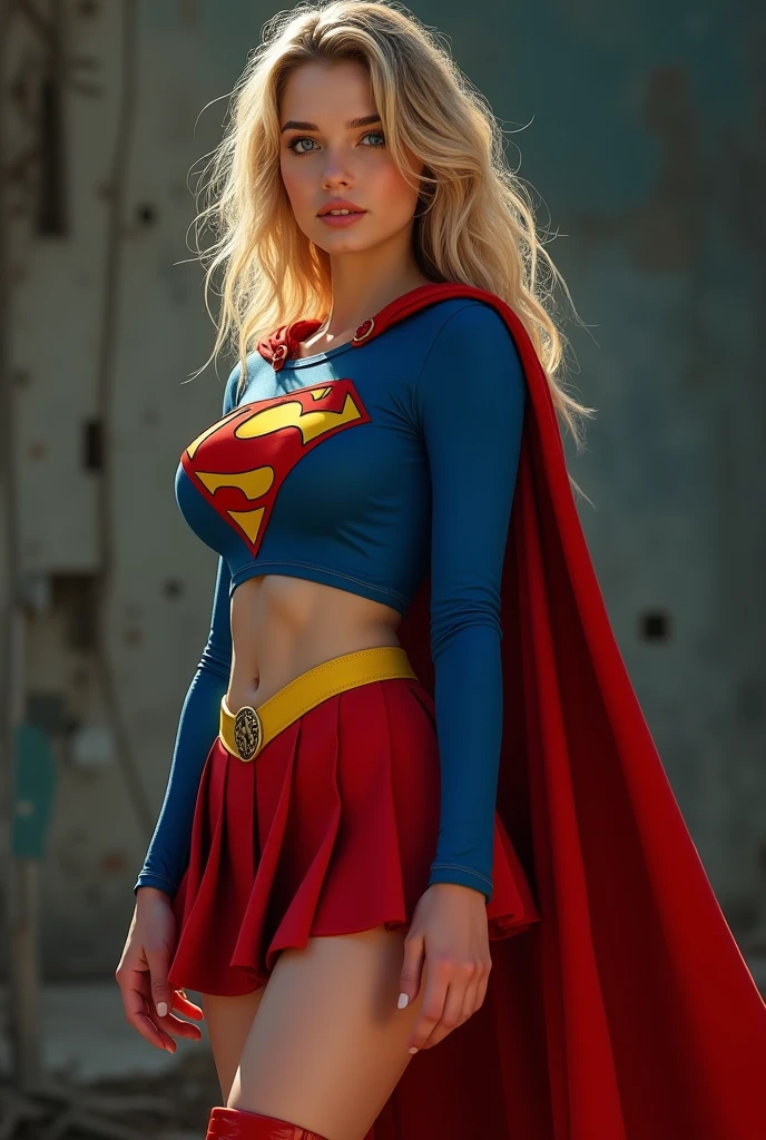 full view of A SEXY AGE FEMALE WITH DARK BLUE EYES AND LONG MESSY GOLDEN BLONDE HAIR WEARING A CLASSIC BLUE SUPERMAN LONG SLEEVED CROP TOP COSTUME, A SHORT RED PLEATED SKIRT WITH A YELLOW BELT, RED HIGH HEELED BOOTS, AND RED SUPERMAN CAPE WITH YELLOW TRIM. large breasts, incredibly detailed skin and eyes, seductive poses, 8K resolution, masterpiece, ultra-detailed, realistic, photo-realistic, vivid colors, dramatic lighting,