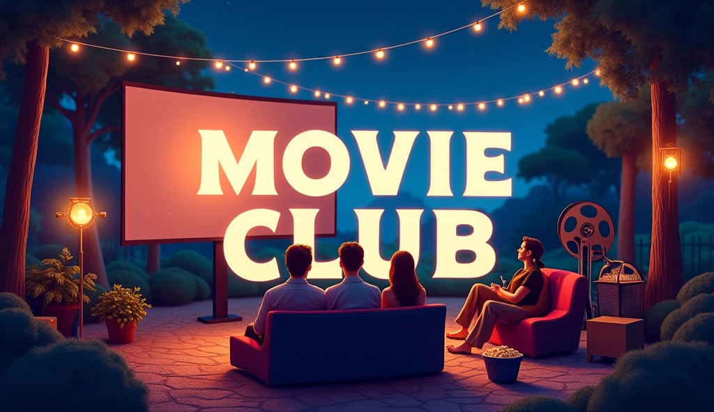 Create a cover page and write the words,MOVIE CLUB,There's popcorn.,There is a movie film.