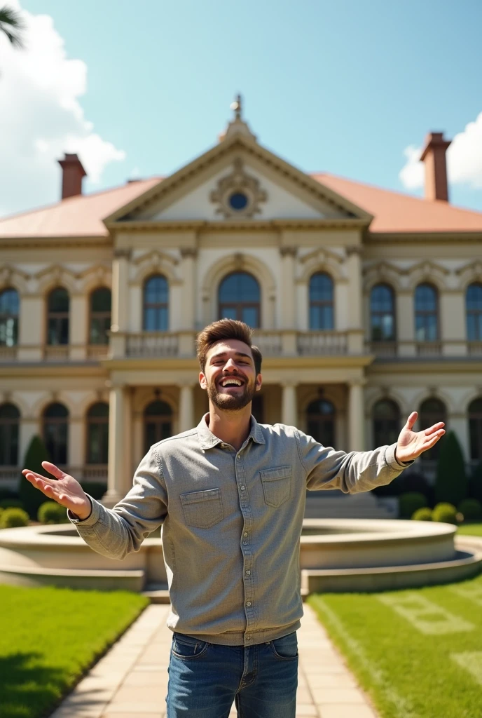 a young man with a big smile on his face, standing in front of a large, fancy house. He appears to be pointing at something, possibly drawing attention to the impressive residence. The house is surrounded by a driveway, and there are a few cars parked nearby. The scene gives off a sense of excitement and admiration for the beautiful home for YouTube thumbnail.