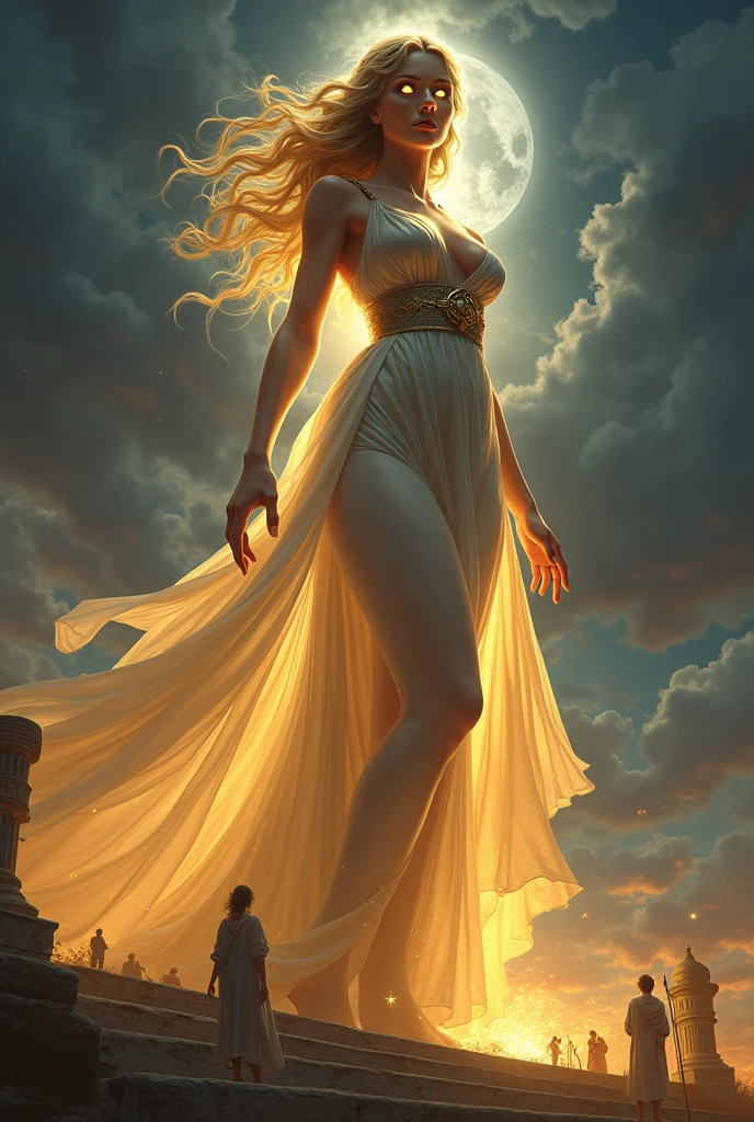 Create a giant woman, goddess, cleavage, thigh, elegant white golden gown, standing on greek city, people below looking up at her, divine powers, glowing eyes, night time, diving powers, magical powers, glowing eyes