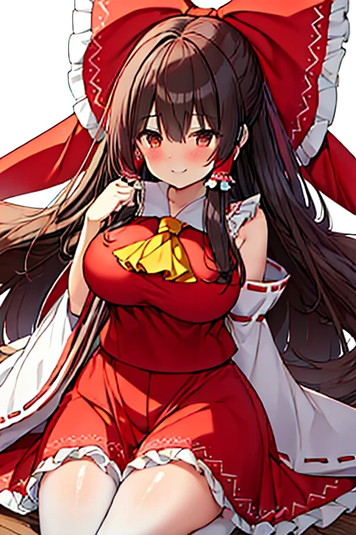 bow, hair_bow, hair_tubes, red_bow, brown_hair, long_hair, bangs, sidelocks, ascot, brown_eyes, frilled_bow, yellow_ascot, blush, smile, hair_between_eyes shrine maiden hakurei reimu shrine (Very large breasts:1.3) Curvy body type (Photograph the whole body) Standing Tall