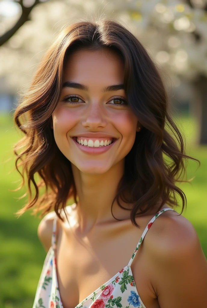 Beautiful brunette, who wears a belle robe (20 ans, visage innocent, naturally wavy hair, brown eye), ((Selfie on the skin du corps)), masterpiece, best quality, ultra-detail. She is wearing a light and colorful summer dress, with floral patterns. Her hair falls in natural curls around her face., framing her big brown eyes that shine with curiosity. Her smile is sweet and sincere, révélant une dentition parfaite. Background, on aperçoit un parc verdoyant avec des arbres en fleurs, adding a touch of freshness to the scene. La lumière du soleil caresse doucement son visage, accentuant la douceur de ses traits. La photo est prise en mode portrait, capturing every detail with exceptional clarity.