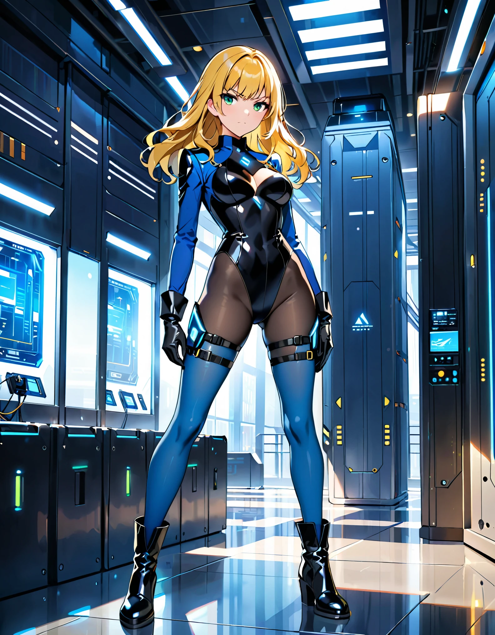 masterpiece, highly detailed, best quality, high quality, 1girl, yellow hair, green eyes, (solo, solo focus), beautiful detailed eyes, beautiful detailed face, (perfect hands, complete fingers), perfect anatomy, perfect proportions, detailed shadows, detailed light, ((black leotard, blue long sleeves, perfect fit, black gloves)), ((thigh holster, thigh strap)), ((full blue pantyhose)), ((black boots, ankle boots, matching boots)), full body, serious expression, full body costume design. hi-tech spy building, indoors. Soft lighting.