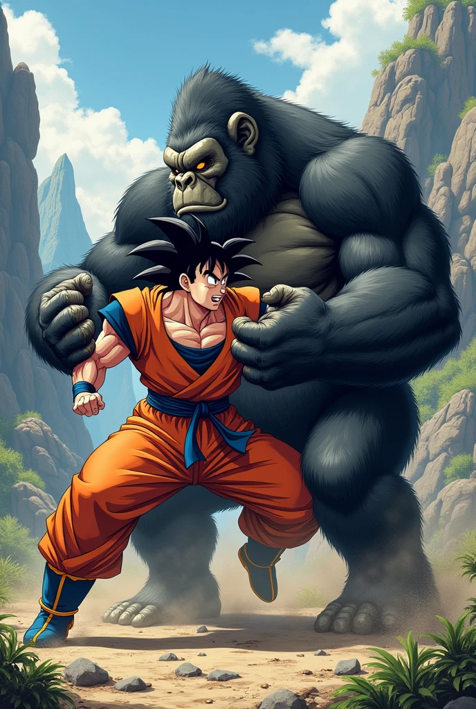 An anime image of goku submitting king kong with a neck crank in a Grappling match