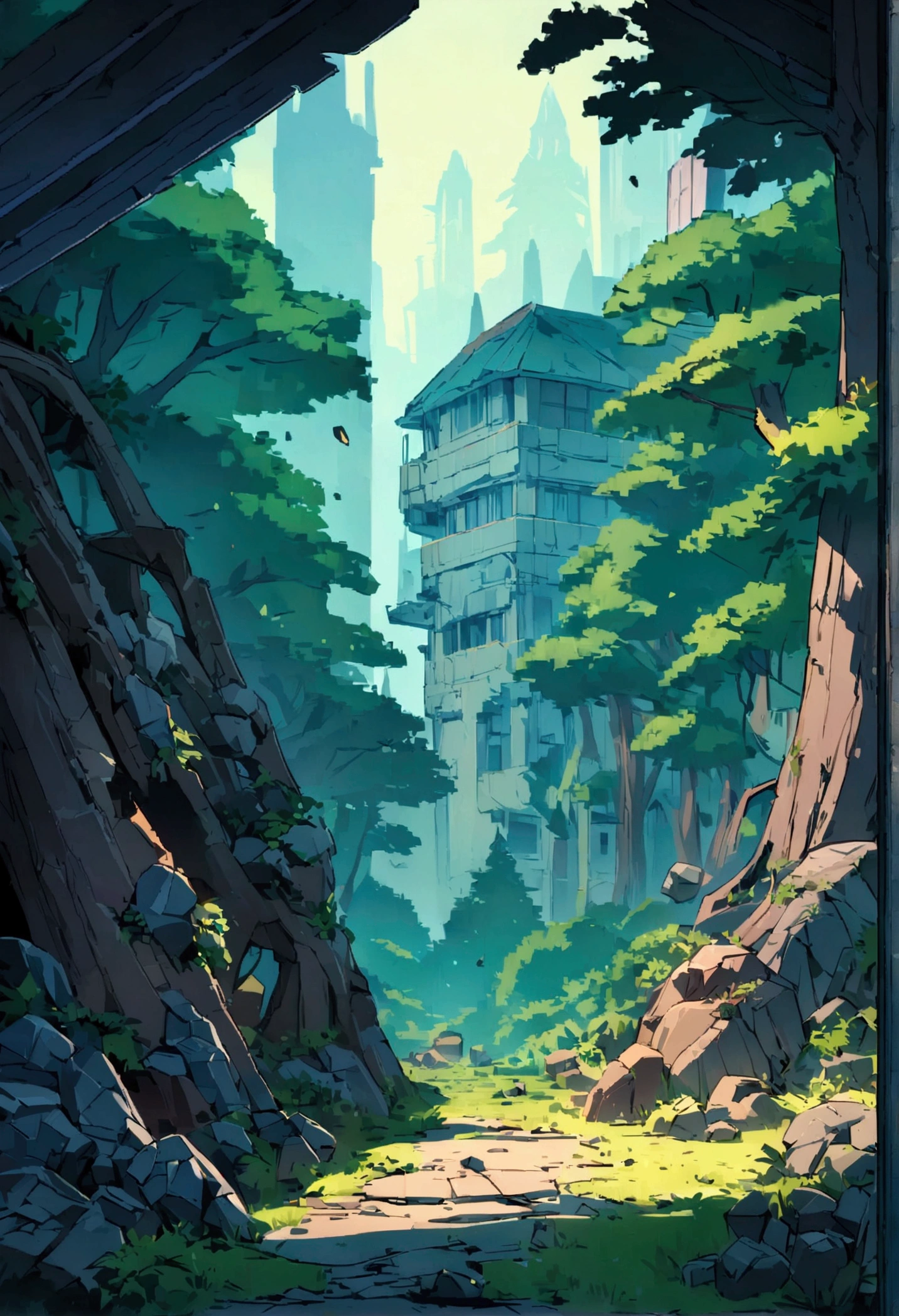 Cyberpunk, broken, there is a dense primeval forest with a lot of vintage house building pictures, cyberpunk, broken, there are a lot of stones, green lush forest background, thick tree background, large meadow, arena background, game background, exaggerated forest background, cartoon style