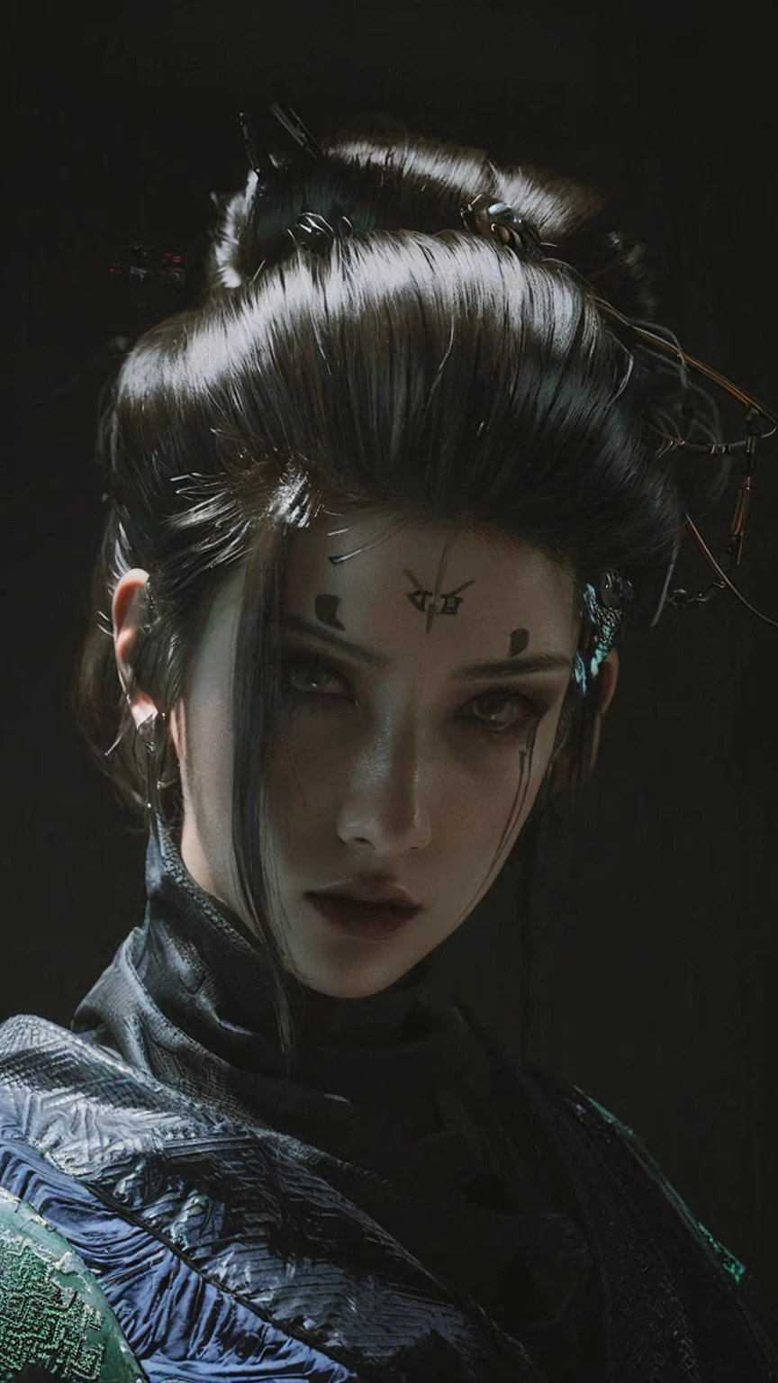 There is a delicate facial features,Black-haired woman with sad eyes, hyper-realistic Cyberpunk style, Cyberpunk style , Surrealism, Cyberpunk Makeup, Realistic dark concept art, Cyberpunk horror style, Beautiful cyberpunk girl face, Realistic portrait of the film, cyberpunk portrait, Cyberpunk Photos, Cyberpunk face, Movie goddess close up shot, 赛博朋克艺术Surrealism 8k, Film Portraits