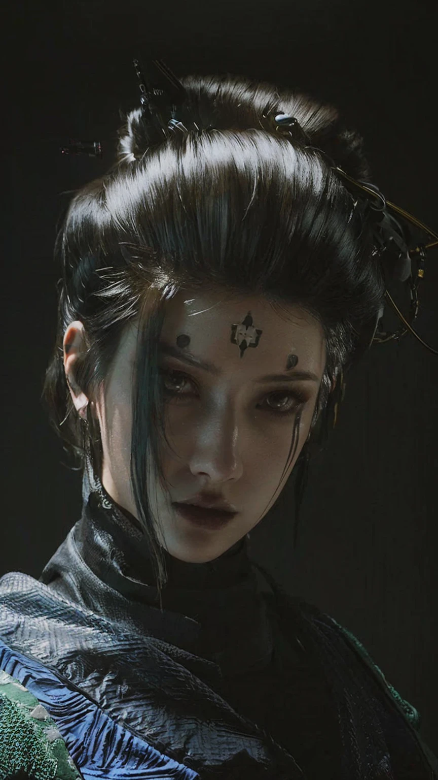 There is a delicate facial features,Black-haired woman with sad eyes, hyper-realistic Cyberpunk style, Cyberpunk style , Surrealism, Cyberpunk Makeup, Realistic dark concept art, Cyberpunk horror style, Beautiful cyberpunk girl face, Realistic portrait of the film, cyberpunk portrait, Cyberpunk Photos, Cyberpunk face, Movie goddess close up shot, 赛博朋克艺术Surrealism 8k, Film Portraits
