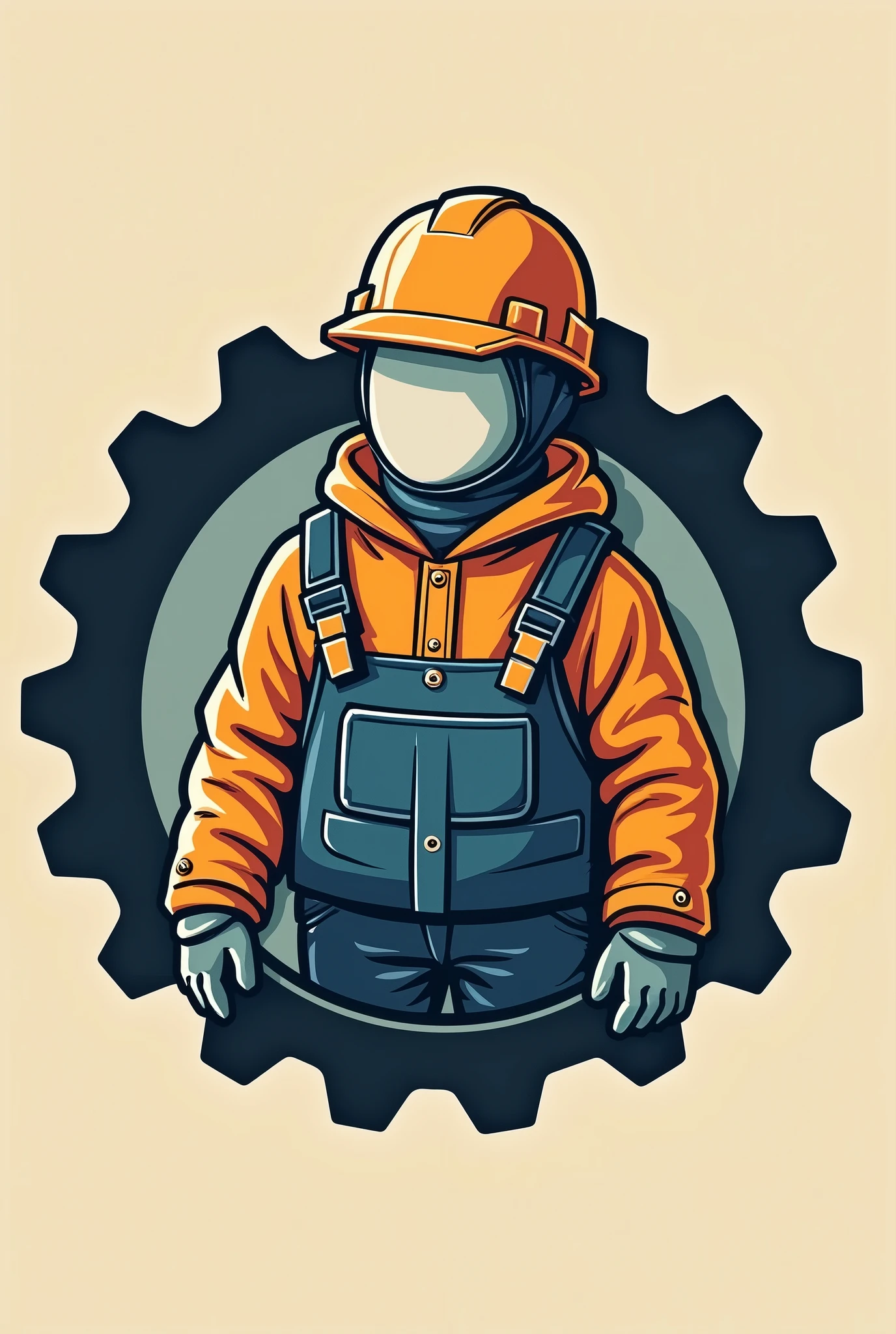 Logo
* **bottom**: A gear that symbolizes machinery and prevention at work.
* **Main element**: A faceless doll, representing the workers, equipped with a safety helmet and other protective devices.