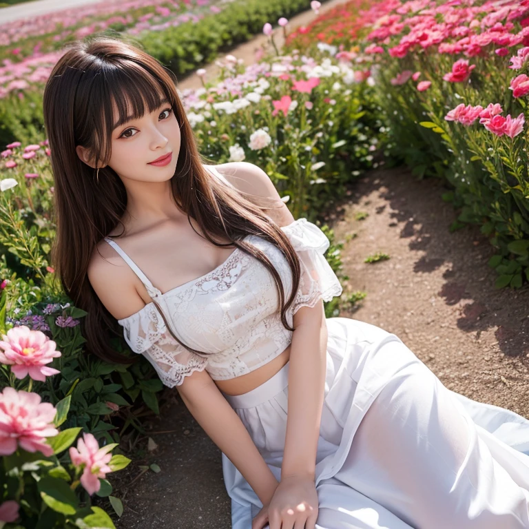 long skirt,in the flower field,Wear a dress,rotate,1 female, On the face, laughing out loud, light brown hair, blunt bangs, hair behind ears, Shoulder-length hair, long hair, Slender body type, 超face slimming型, face slimming, delicate lips, beautiful eyes, Thin blush, Eyes are light brown,View here, (actual:1.3), One person's perspective, 8k, Super detailed, high quality, best quality, High resolution, ,Large ,wear a H cup, 2,Off-shoulder tops,Lace top,puffy s