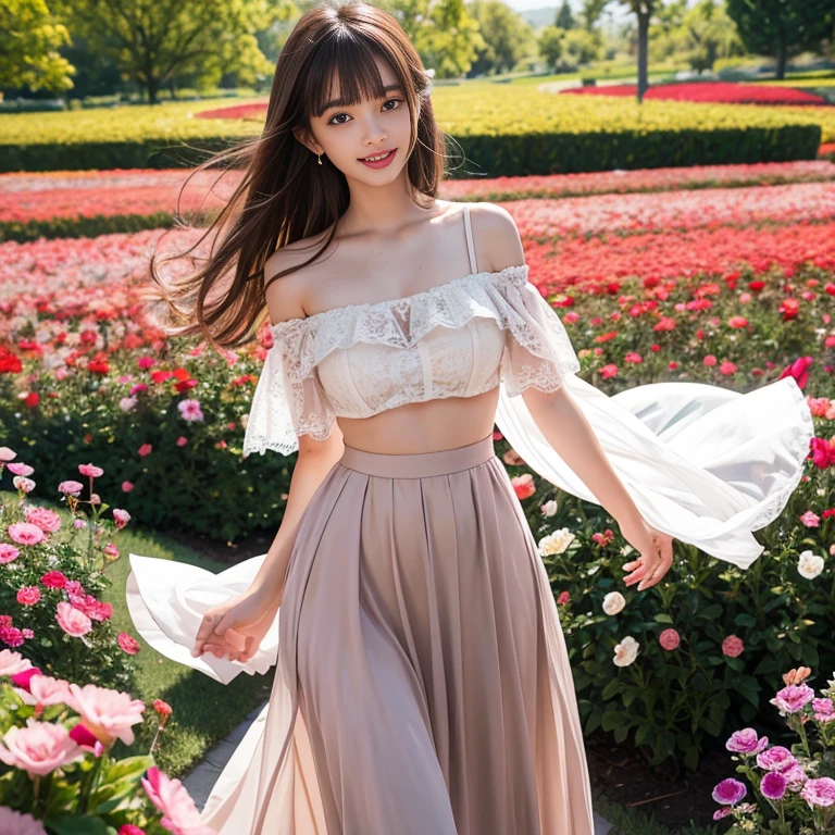 long skirt,in the flower field，Wear a dress，rotate，1 female, On the face, laughing out loud, light brown hair, blunt bangs, hair behind ears, Shoulder-length hair, long hair, Slender body type, 超face slimming型, face slimming, delicate lips, beautiful eyes, Thin blush, Eyes are light brown,View here, (actual:1.3), One person's perspective, 8k, Super detailed, high quality, best quality, High resolution, ，Large Breasts，wear a H cup, 2,Off-shoulder tops，Lace top，puffy skirt