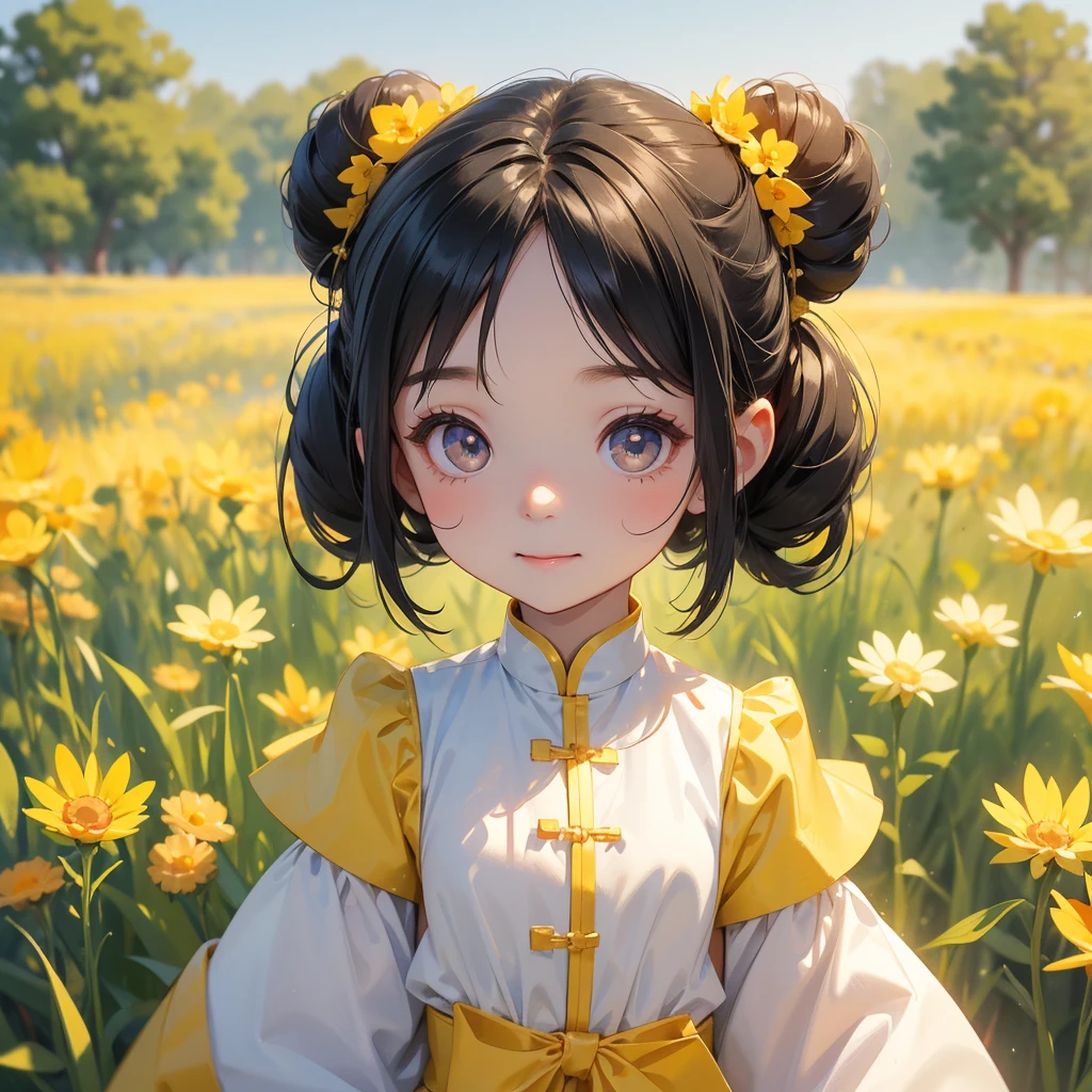 A chibi child girl had a small face and Wearing white little Taoist priest's outfit. A pair of big round eyes shone with curiosity about him. This child was so cute, Standing in the middle of a field of bright yellow rice.
her hair is black with two buns on her hair.small chibi, chibi baby, smiling ,Chibi.