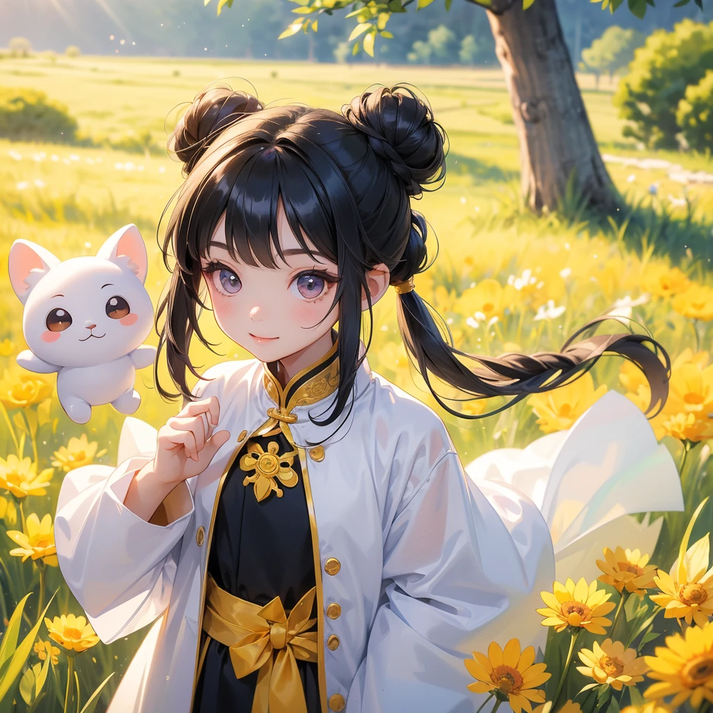 A chibi child girl had a small face and Wearing white little Taoist priest's outfit. A pair of big round eyes shone with curiosity about him. This child was so cute, Standing in the middle of a field of bright yellow rice.
her hair is black with two buns on her hair.small chibi, chibi baby, smiling ,Chibi.