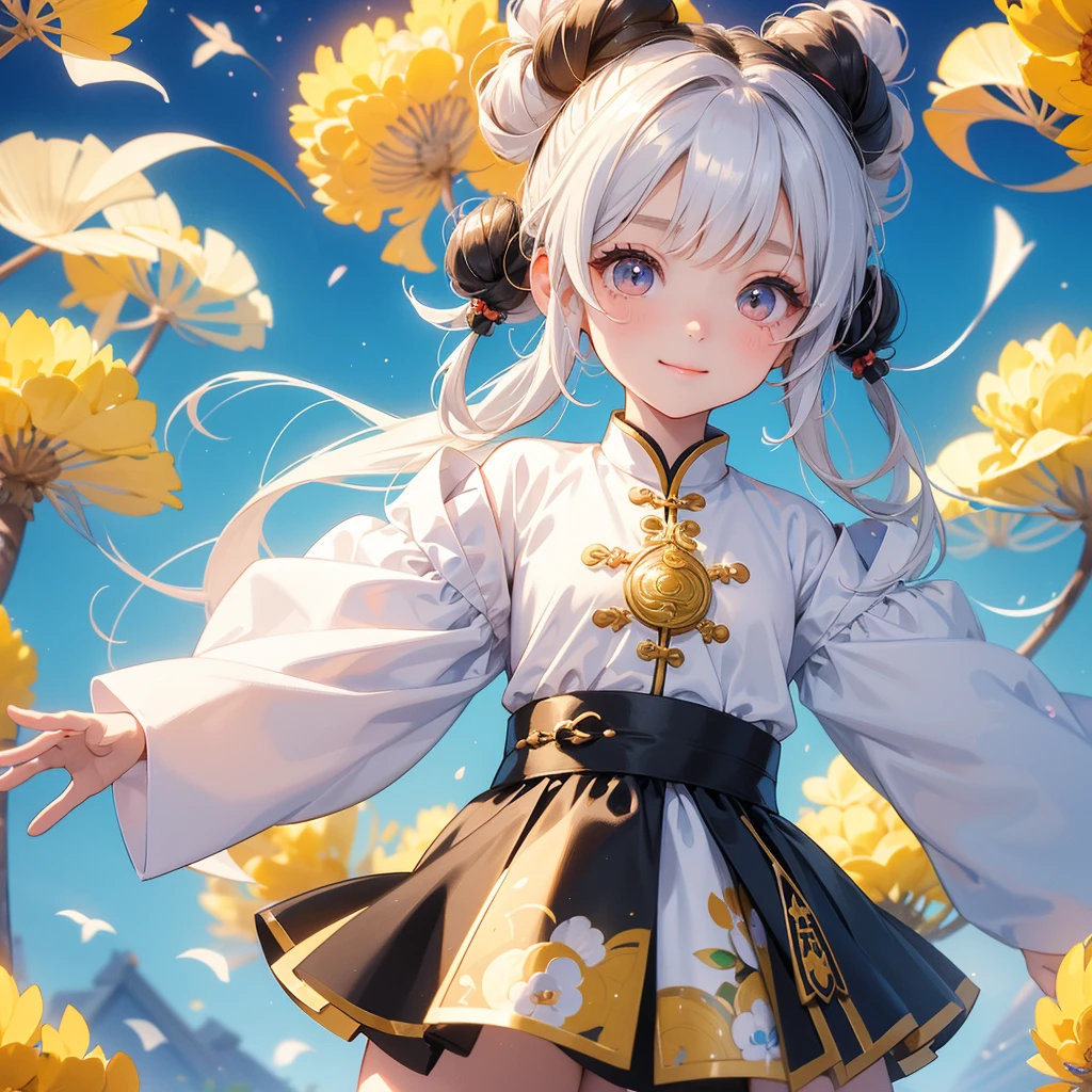 A chibi child girl had a small face and Wearing white little Taoist priest's outfit. A pair of big round eyes shone with curiosity about him. This child was so cute, Standing in the middle of a field of bright yellow rice.
her hair is black with two buns on her hair.small chibi, chibi baby, smiling ,Chibi.
