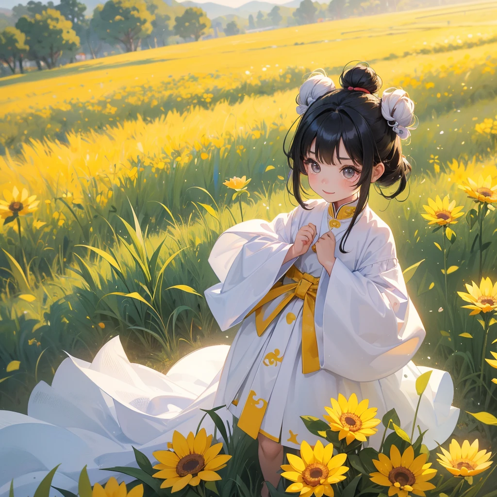 A chibi child girl had a small face and Wearing white little Taoist priest's outfit. A pair of big round eyes shone with curiosity about him. This child was so cute, Standing in the middle of a field of bright yellow rice.
her hair is black with two buns on her hair.small chibi, chibi baby, smiling ,Chibi.