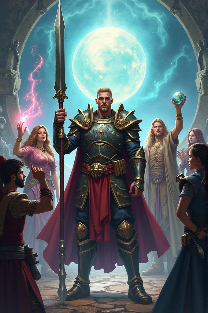 image in drawing, warrior in the center, mage on the right, cleric on the left, fortune teller in the upper right, rogue in the upper left