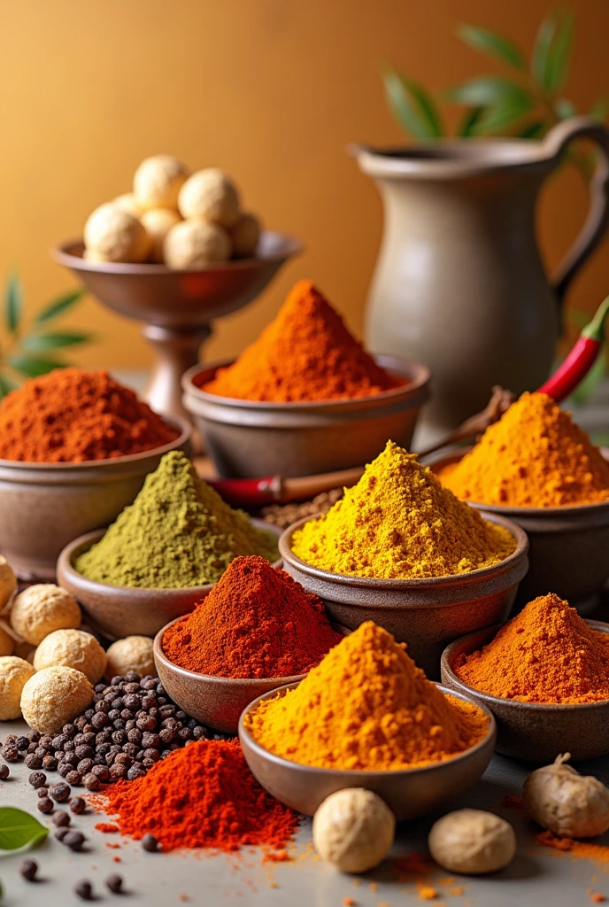 Traditional spices chilli powder, pepper , turmeric, ginger , fennel with indian traditional sweets laddu , milk sweets , biscuits