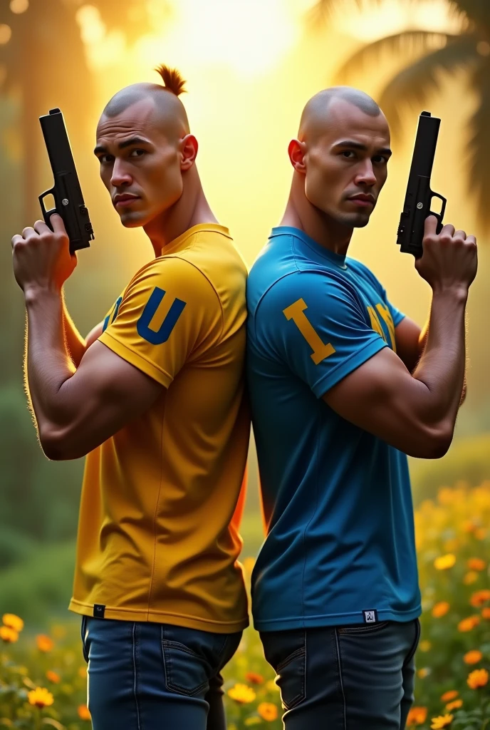Twin malaysia fit muscle big guy. Holding gun , hero (( Wear shirt yellow Word "U ". The font blue color, with one hair on bald hair.)) ((Wear shirt blue Word "i " the font color yellow color, with on bald hair))real back to back pose. Turn back see each other.. GTA San style, two young handsome men, confident pose, outdoor nature landscape, golden hour lighting, vibrant cinematic colors, (best quality,4k,8k,highres,masterpiece:1.2),ultra-detailed,(realistic,photorealistic,photo-realistic:1.37),