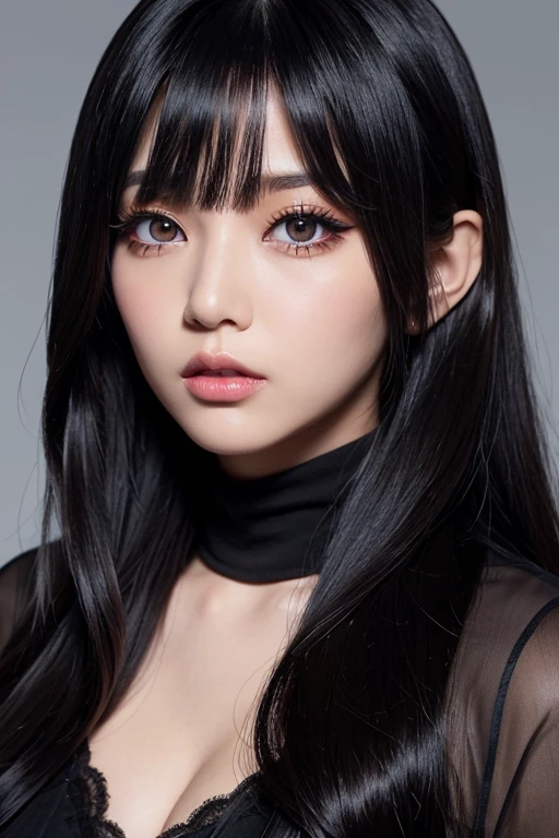 Black gal style woman、Tan Skin、Long black hair、Big eyes with crispness、Matte base makeup、Heavy eye makeup、white highlight、Thick eyeliner、False eyelashes、Colored Contact Lenses、Sexy and edgy、Flashy accessories