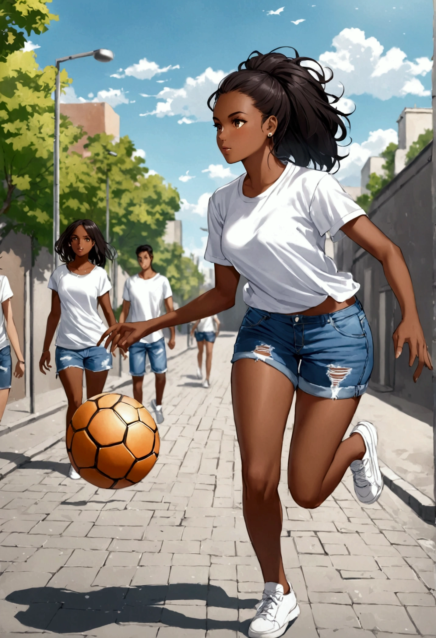 Young dark-skinned woman in white t-shirt and blue jeans shorts playing street football 