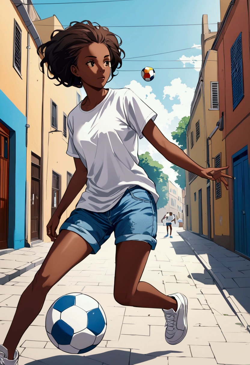 Young dark-skinned woman in white t-shirt and blue jeans shorts playing street football