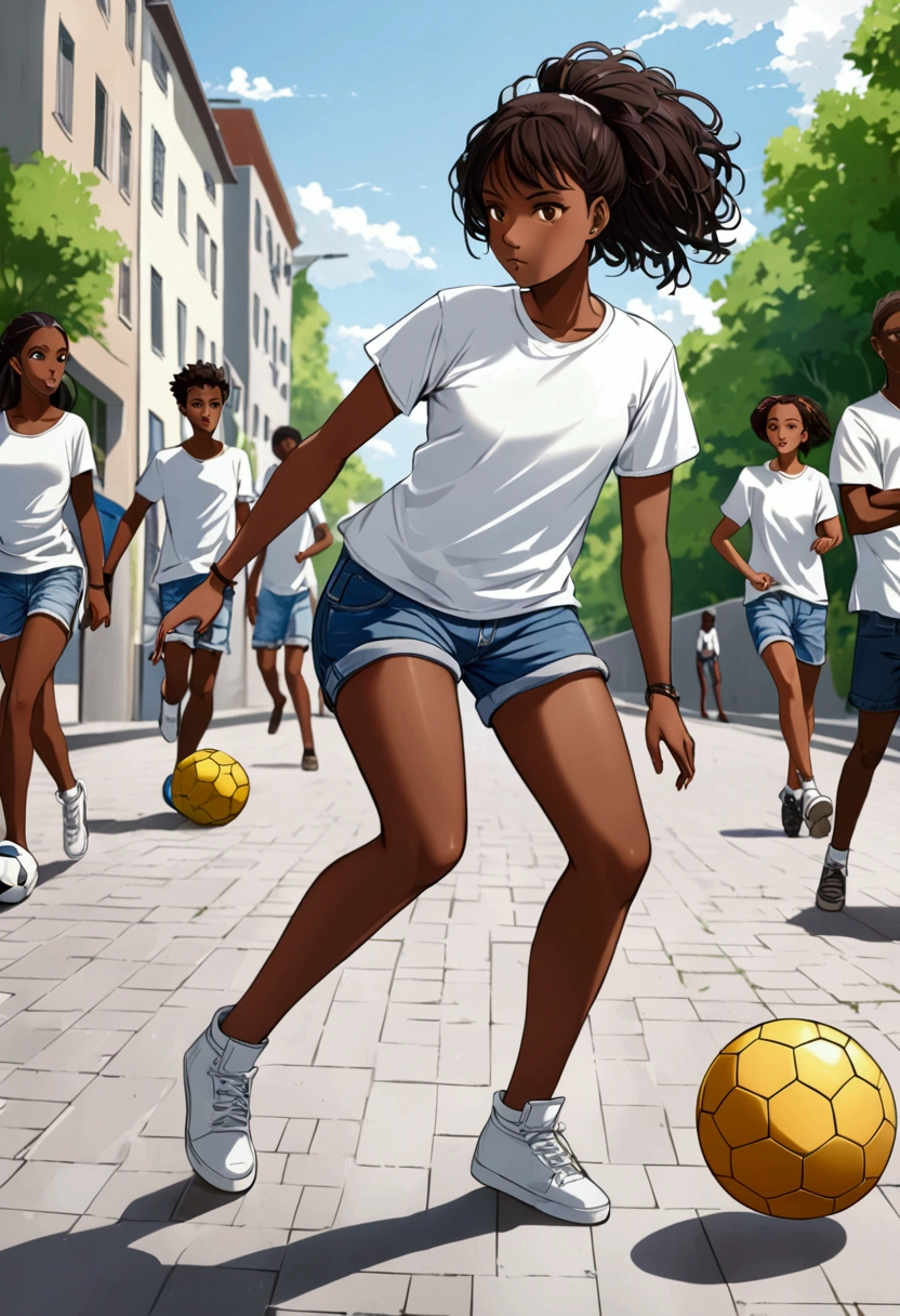 Young dark-skinned woman in white t-shirt and blue jeans shorts playing street football 