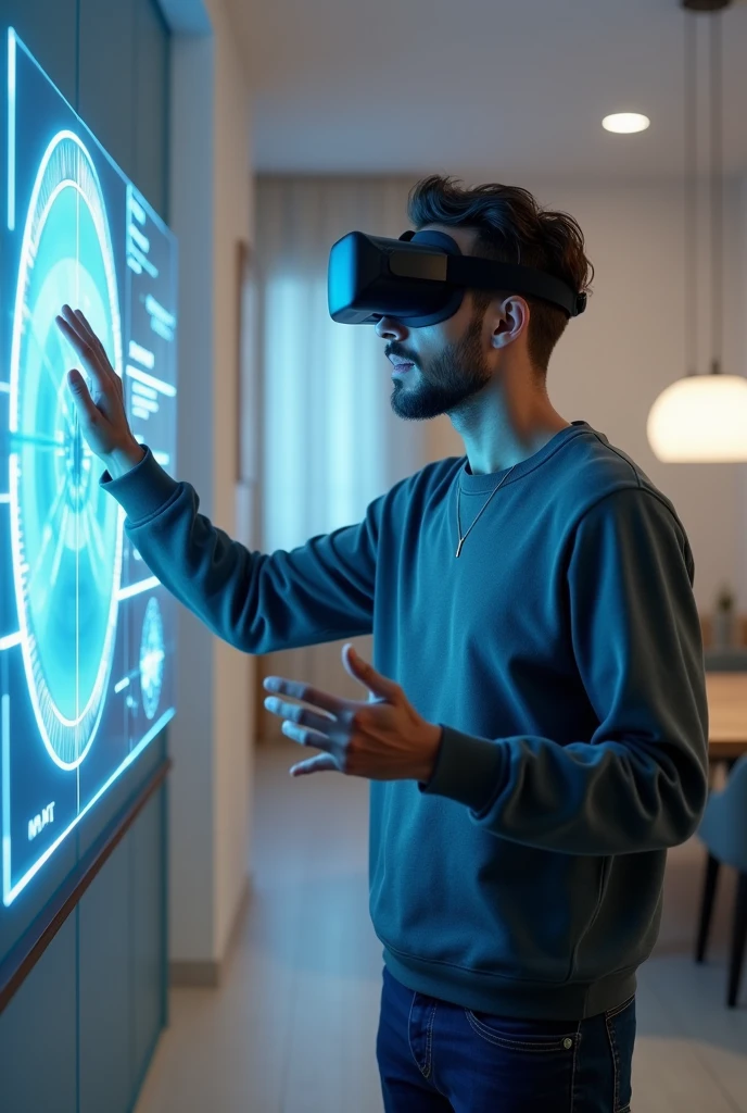 A 29-year-old man with an
augmented reality headset, wearing
casual tech wear, interacting with a
virtual interface in his smart home,
controlling various devices with
gestures