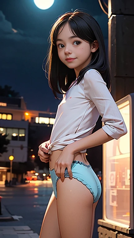 Ángel girl, , girl, happy, hair straightened, small person, complexión regular, standing, looking at viewer, night, México town, stile sonriente, panties color rosa, top corto, looking at front 