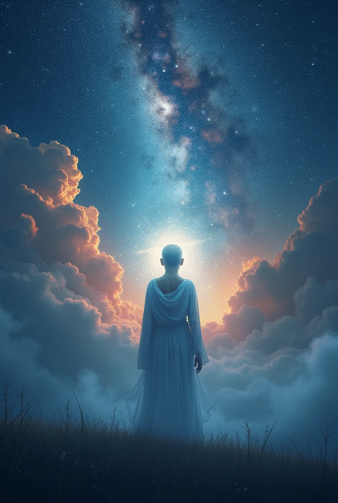 vision of dead adult son in the vastness of the milky way sky. Extreme details and vivid colors