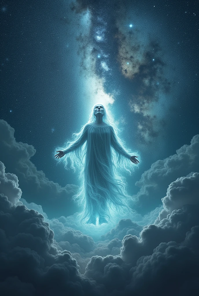 vision of dead adult son in the vastness of the milky way sky. Extreme details and vivid colors