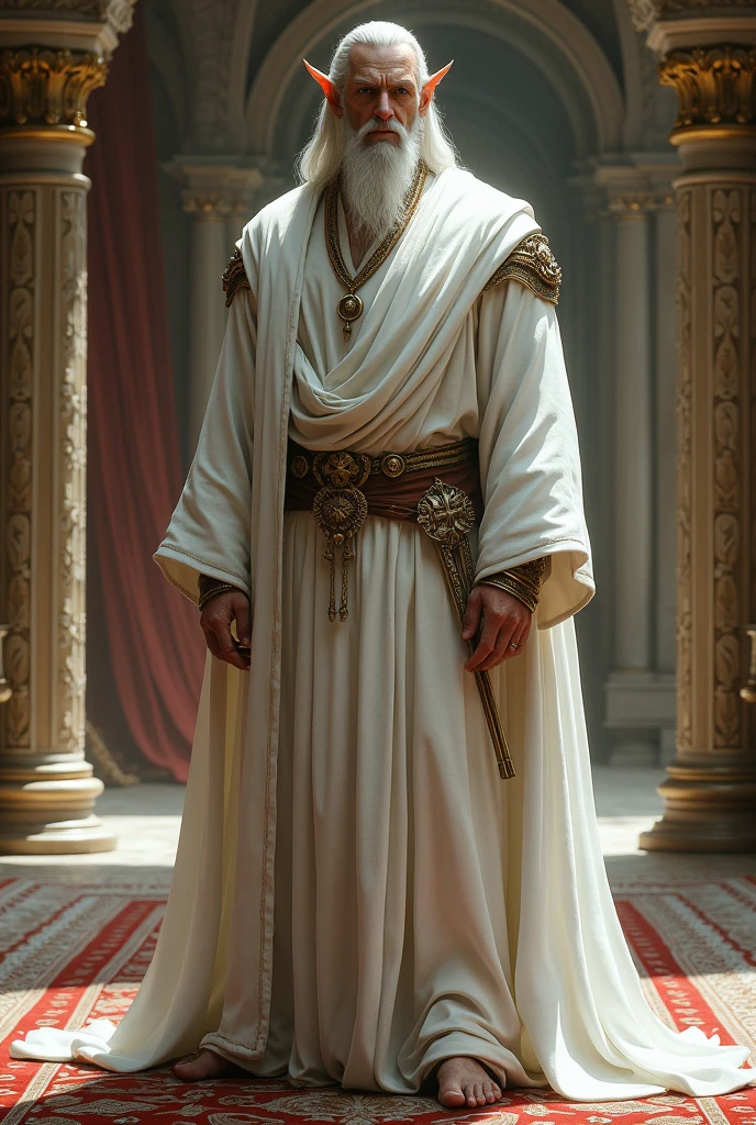 in a medieval world.
An adult male elf , brawny ,wearing white clothes ,in a palace