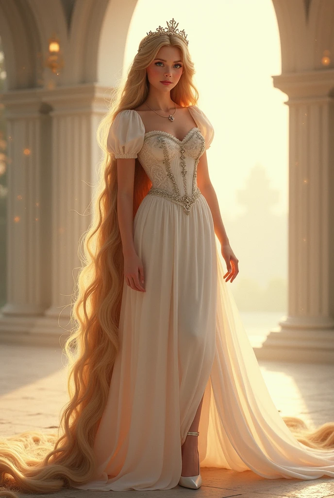 high quality, female, Rapunzel, white dress, Rapunzel 머리카락, Crown, White high heels