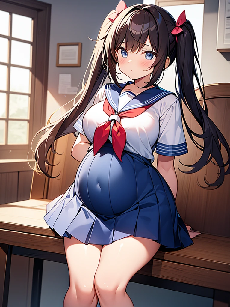 A high school girl in a sailor suit holding a euphonium、Are pregnant、Twin tails