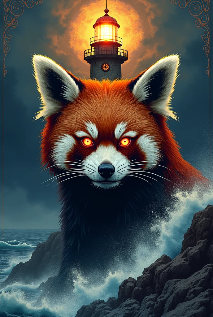 A logo of a red panda, headlights in neotrad style. Make it more lighthouse-like and with horror and Nordic elements 
