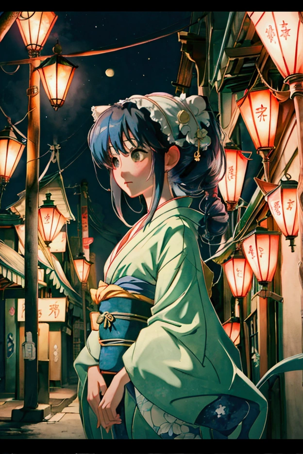 Studio Ghibli style、Under the crescent moon、New Orleans street corner、Beautiful Japanese woman in a kimono leaning against a gas lamp