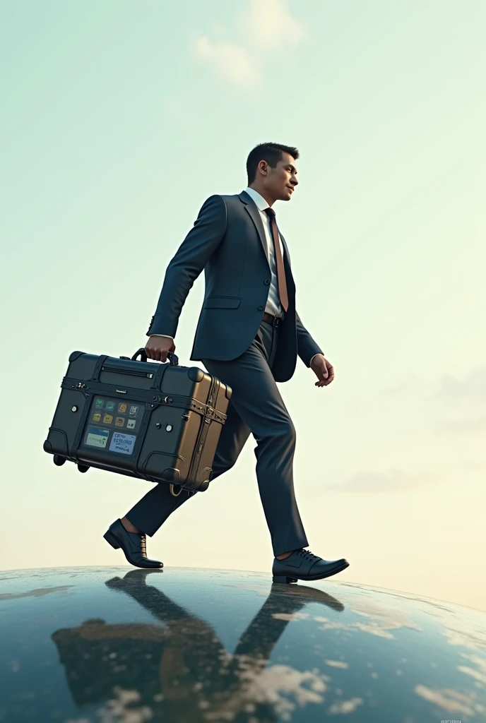 Create a realistic illustration of a salesman with his display in a wheeled suitcase walking above the world 