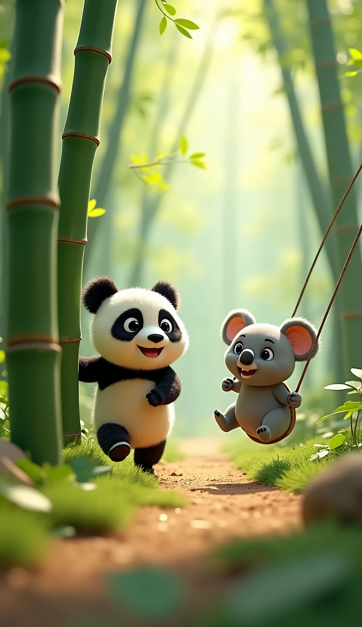 Cartoon anime 3D characters of The little panda and the koala are playing a game together in the bamboo forest. The panda is playfully chasing the koala around a bamboo shoot, while the koala swings playfully from a low eucalyptus branch.