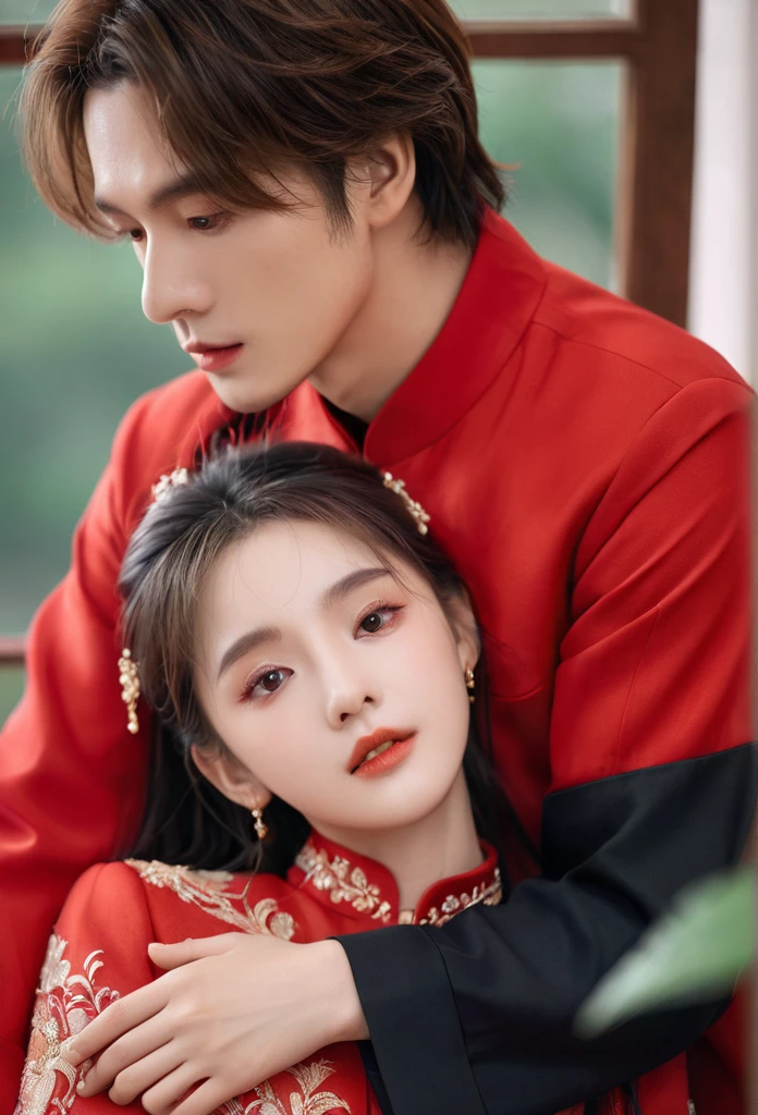 (Reality:1.4), best quality, masterpiece, Ultra-high resolution, 1 boy, duo, 1 girl, wearing red clothes, (Delicate face:1.2), (exquisite eyes:1.2), (fine hair:1.2), (Detailed clothes:1.2), 4K, male, (close eyes)