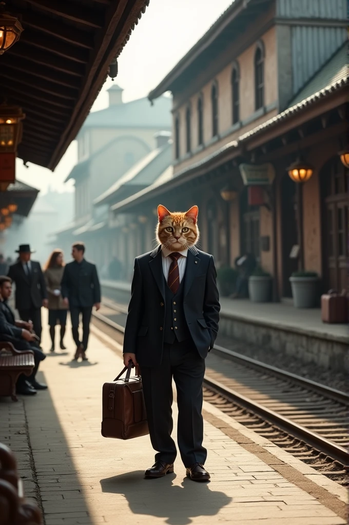 Cat male, 35 mm , suit, bag ,station, railway, wooden building, platform,