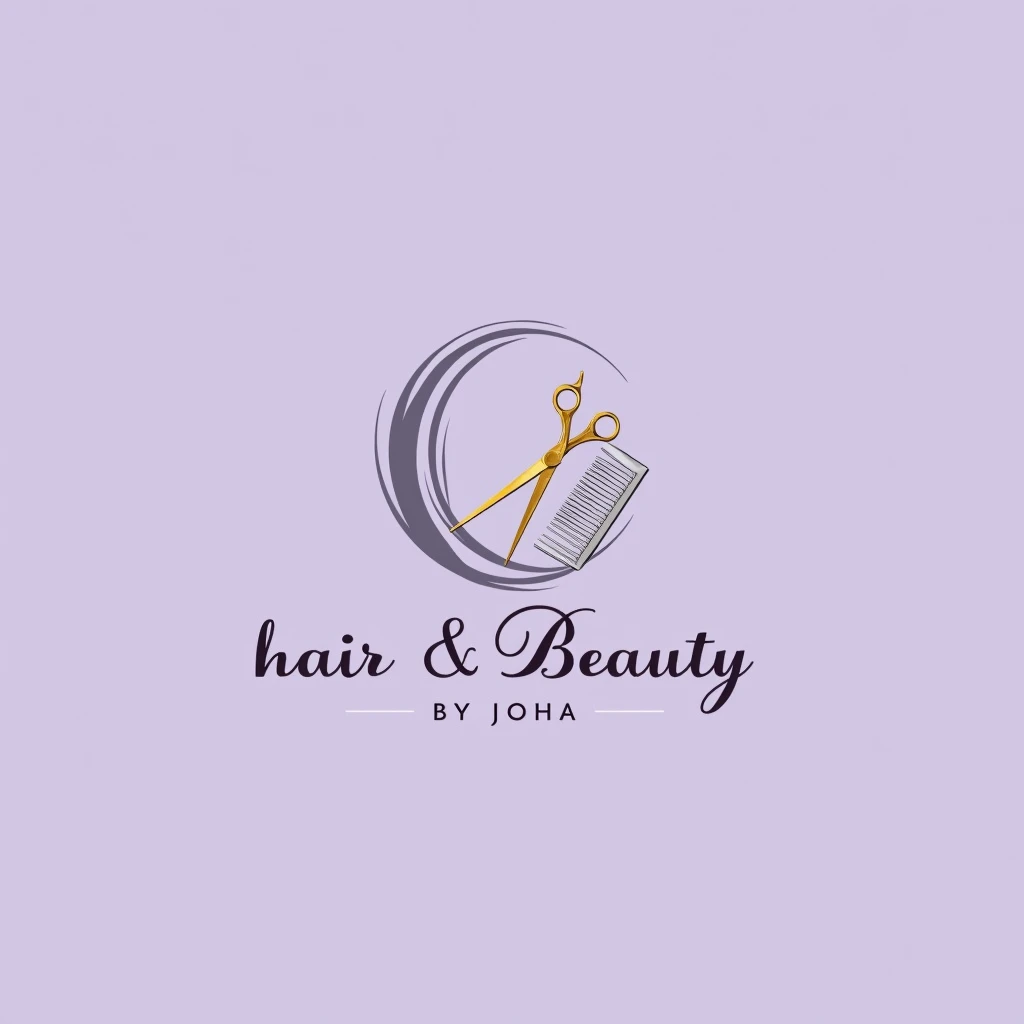 create a logo for my business, that has scissors, a hair comb and a moon, with a light purple background, that has the name "Hair & Beauty by Joha" that is elegant logo